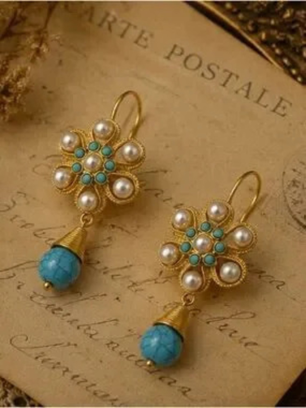 Vintage Gold Turquoise Pearl Floral Earrings